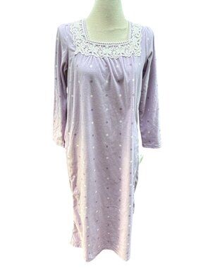 Charter Club Lavender Fleece Nightgown With Lace Neckline & Polka Dot Pattern Sm